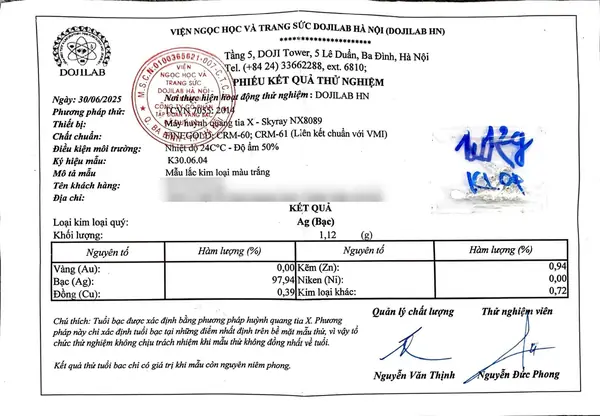 Phiếu kết quả thử nghiệm DOJILAB Hà Nội, mẫu lắc kim loại màu trắng, kết quả Ag (Bạc)